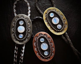 CUSTOM Moonstone Bolo Ties [Silver Gold Copper Black Brown Leather Western Neck bow tie Men Women Blue Stone Agate Wedding Groomsmen Bola]