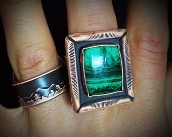 Size 13 Copper & Malachite Mountain Statement Ring -SouthWestern Native American Green Stone Agate Ring -Rose Gold Cowboy Ring For Men