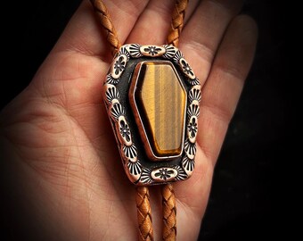 CUSTOM Tigers Eye Coffin Bolo Tie Copper Stone Black Brown Leather Vegan Witchy Western Goth Men Rose Gold Cowboy Groom Bridal Wedding Gift