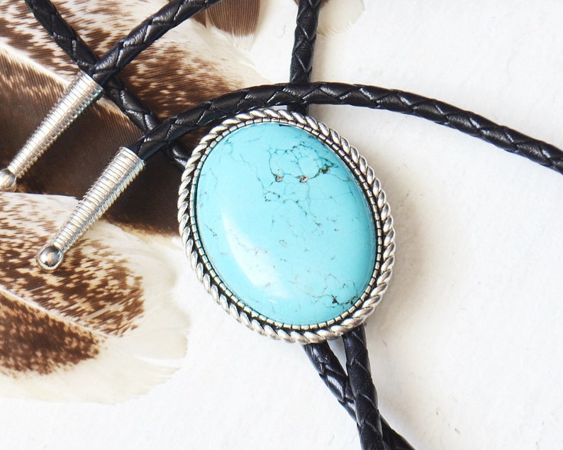 Turquoise Howlite Bolo Tie For Men Women Black Leather Etsy