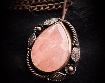 Rose Quartz Copper Pendant Necklace Floral Large Pink Gem Stone Crystal Rose Gold Chain Statement Amulet Holistic Divination Gift For Women