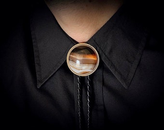 CUSTOM Banded Agate Bolo Tie Silver Gold Copper Black Brown Leather Vegan Western Cowboy Groomsmen Women Brown Gray Stone Agate Wedding Gift