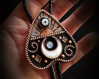 CUSTOM Planchette Bolo Tie Copper Mother of Pearl Moonstone MOP Sun Evil Eye Black Brown Leather Vegan Witch Cowboy Men Women Stone Gifts
