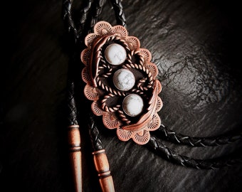 CUSTOM White Howlite Bolo Tie Copper Black Brown Leather Vegan Western Men Women Rose Gold Wedding Stone Agate Gifts for Groomsmen Bridal