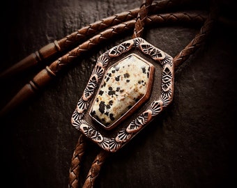 CUSTOM Dalmatian Jasper Coffin Bolo Tie Copper Black Brown Leather Vegan Witchy Western Goth Men Women Rose Gold Wedding Beige Stone Gifts