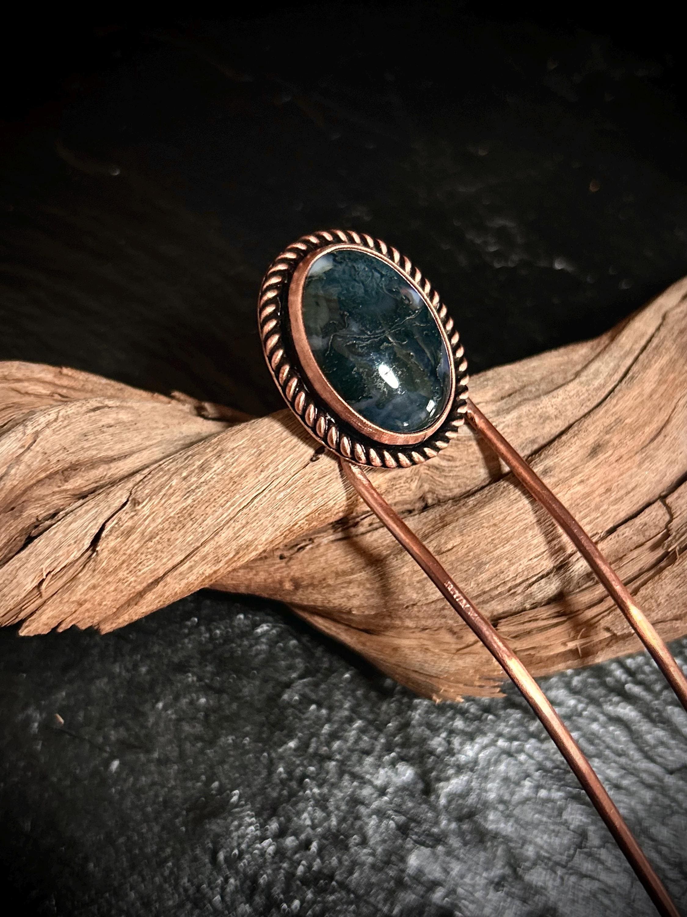 Copper & Moss Agate Hair Fork - Boho Western Bridal Updo Hair Pick - Green Gem Stone Statement Crystal Accessory - Rose Gold Hammered Metal