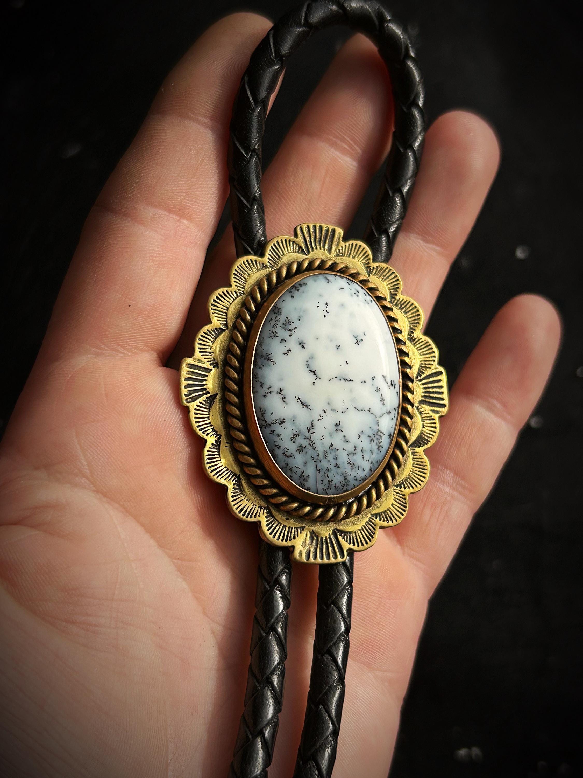 Brass Dendritic Opal Bolo Tie -White Agate Stone Black Brown Leather Western Men Women Cowboy Wedding Golden Custom Vegan Gift for Him Groom