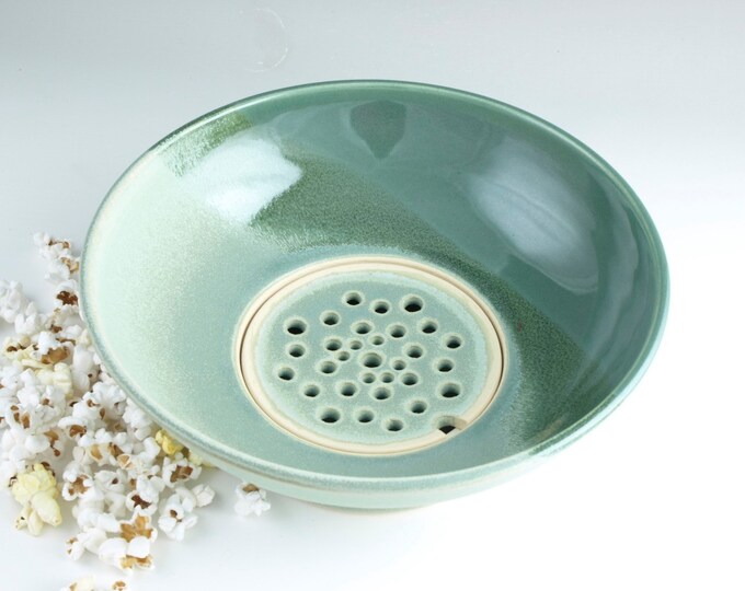Large Popcorn Bowl Separates Unpopped Kernels Pottery Sage Green Mint