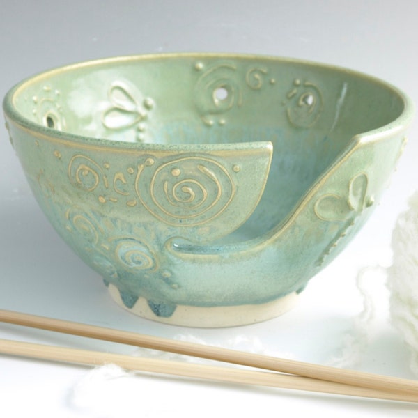 Large Yarn Bowl, Knitting Bowl, Sea Mist Green, Mint Chocolate Chip, Whimsical Dragonfly- Ready to Ship