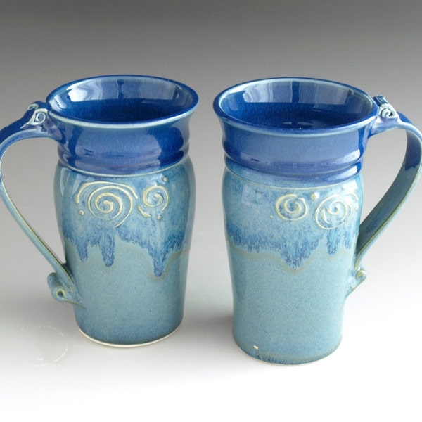 Pair of Large Pottery Mugs Hand Made Whimsical Cobalt Blue Sea Mist Blue Kitchen Home Decor - Ready to Ship