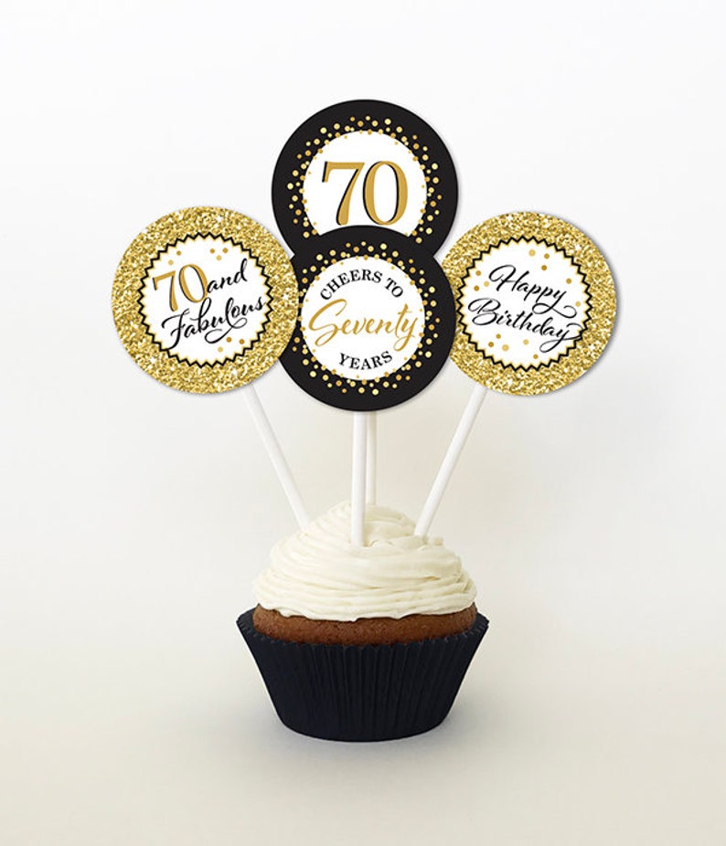 70th Birthday Cupcake Toppers Gold Glitter and Black Favor Etsy