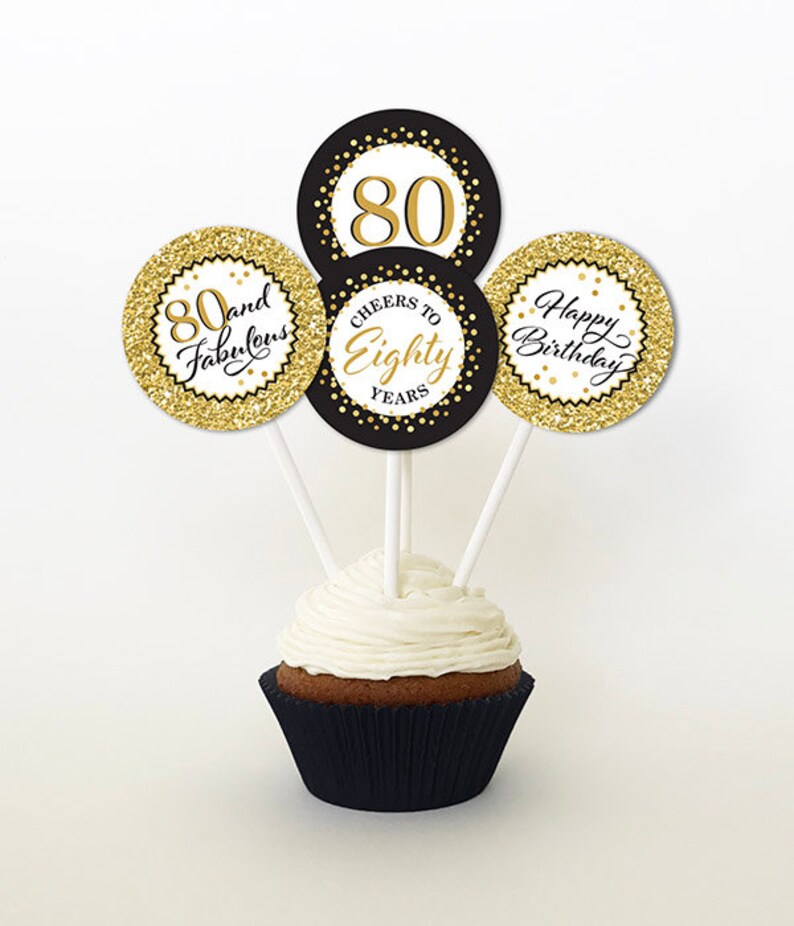 80th Birthday Cupcake Toppers Gold Glitter and Black Favor Etsy Ireland