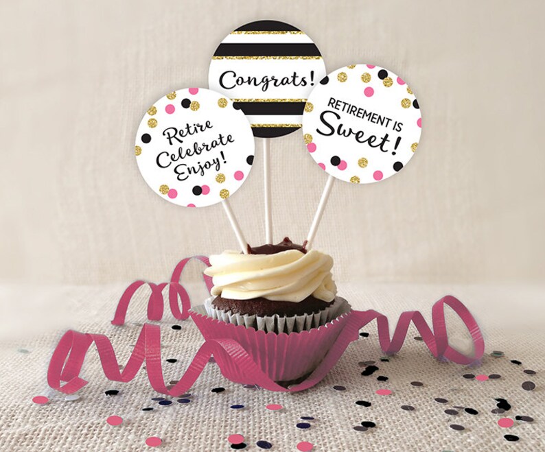 Retirement is Sweet Cupcake Toppers Pink Gold Glitter and