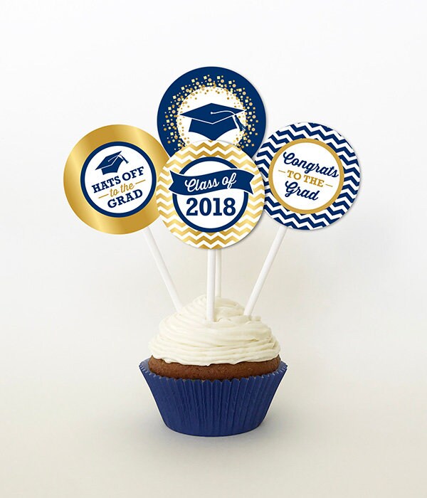 Graduation Cupcake Toppers PRINTABLE Navy Blue and Gold
