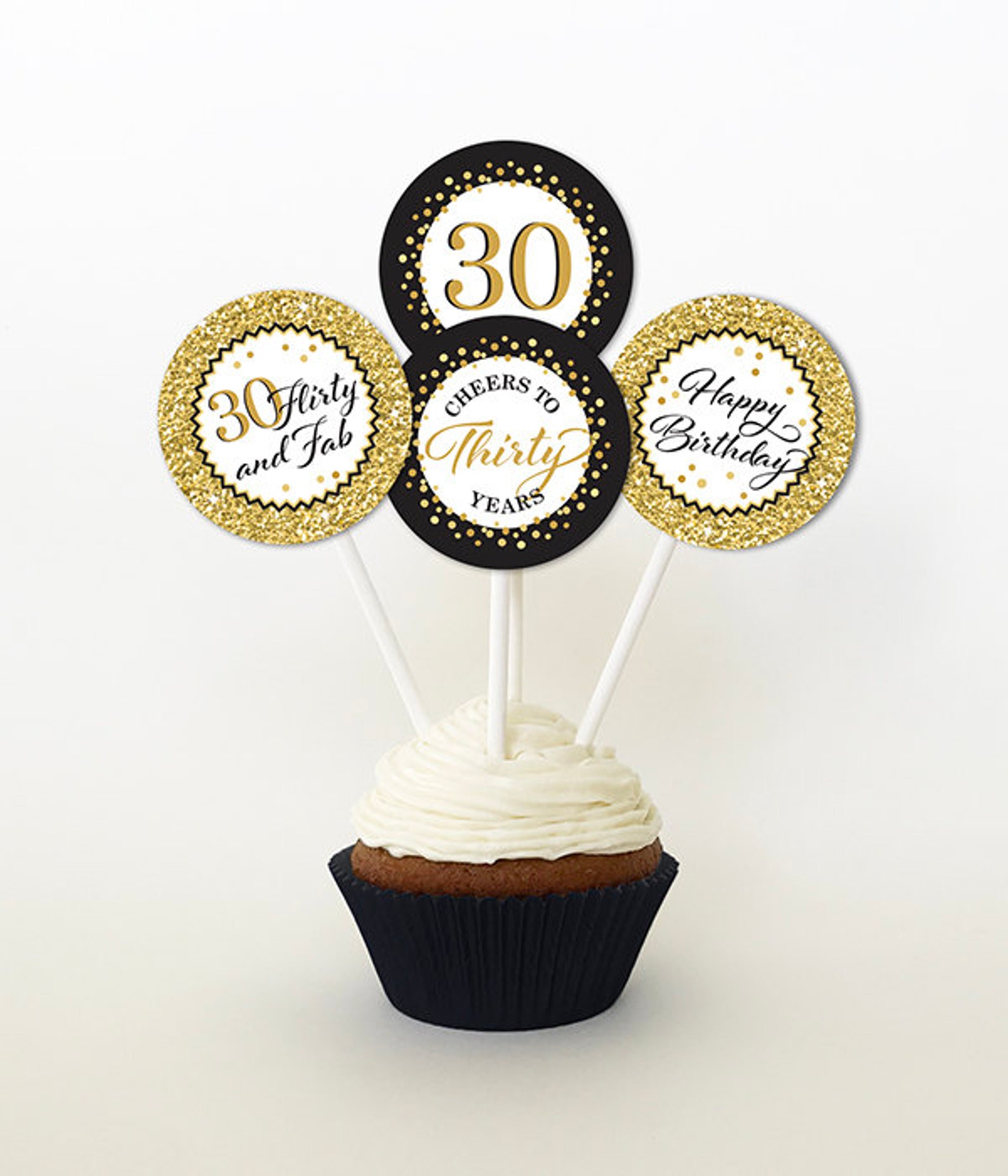30th Birthday Cupcake Toppers Gold Glitter and Black Favor Etsy Italia