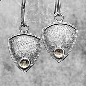 Quartz, roll printed, oxidized sterling silver, french hook, hand fabricated, one of a kind, everyday earring