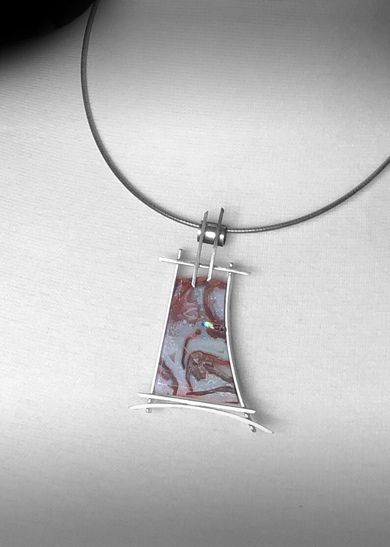 one of a kind contemporary stone /& glass pendant only RARE Jessite agate married with fused dichroic glass oxidized sterling silver