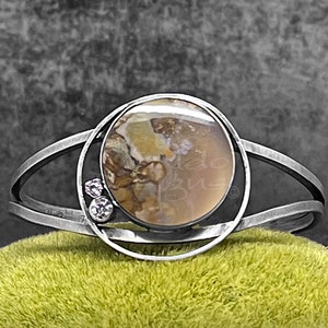 Moss Agate, two white sapphires, oxidized sterling silver, small wrist size, hand fabricated, one of a kind cuff