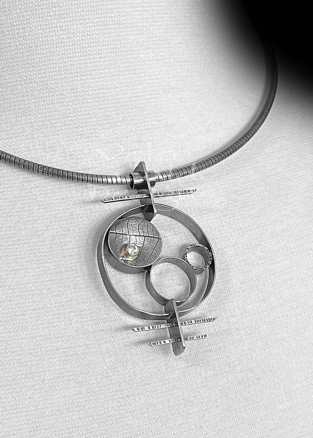 18K Gold, White Sapphire, Roll Printed, Oxidized Sterling Silver