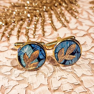 Leaf cufflinks prints suit shirt 14mm for men choice resin brass stainless steel vegetable turquoise blue
