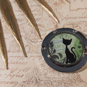 Taschenhalter aus silbernem Metall und Harz, Steampunk-Katze, Arabesken, Zahnräder, grün, schwarz, weiß, für Damen, Retro, handgefertigt