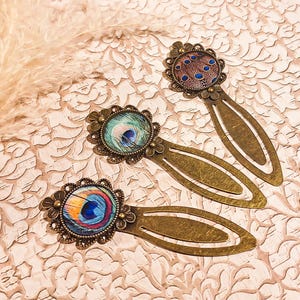 3 marcapáginas de plumas de pavo real retro resina latón bronce 20mm libro