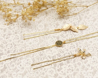 3 pins bun hairstyle resin brass golden black flower leaf rhinestone pearl for women ginkgo Japan nature handmade