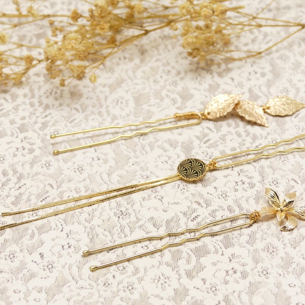 3 épingles pique chignon coiffure résine laiton doré noir fleur feuille strass perle pour femme ginkgo Japon nature fait main