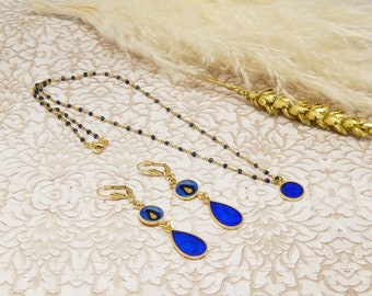 Coffret parure léopard boucles collier noir bleu et doré résine pour femme minimaliste fait main