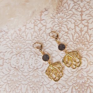 24K gold brass resin flower fan earrings art deco golden gray for women handmade