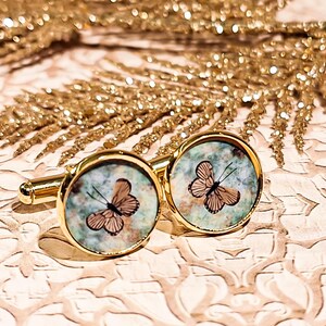 Resin cufflinks costume 14mm for men butterfly green brown brass stainless steel