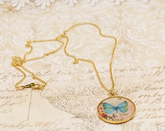 Collier résine gold filled laiton or 24 k tour de cou Papillon Montgolfière pour femme fait main