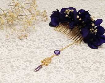 Peigne cheveux laiton doré perle résine violet rose - fleurs hortensia cerisier - pour femme - Japon