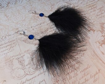 Boucles plume noir bleu argenté dormeuse résine pour femme boheme