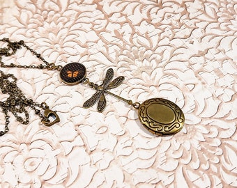 Halskette, lange Halskette, Harz, Messing, Bronze, Medaillon, Fotohalter, Schmetterling, Libelle, für Damen, Retro, Vintage, handgefertigt