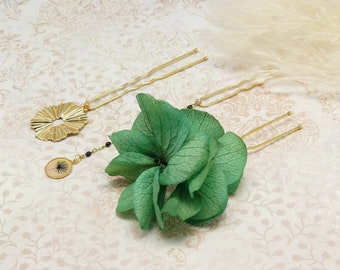 3-polige Dutt-Frisur, Harz, Perle, goldenes Messing, schwarz, beige, grüne Blume für Frauen, Hortensie, Löwenzahn