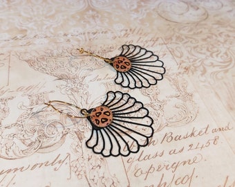 Boucles d'oreilles résine laiton doré noir feuille tropicale mini créoles éventail pour femme léopard