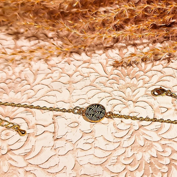 Bracelet motif au choix pour femme en acier inoxydable & résine - eventail seigaiha libellule oiseau grue japonaise minimaliste