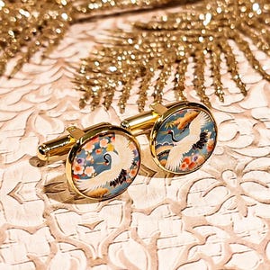 Japanese crane bird cufflinks resin costume 14mm for men gold brass stainless steel