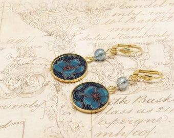 Boucles fleur laiton or 24k résine magnolia perles rondes pour femme bleu doré fait main