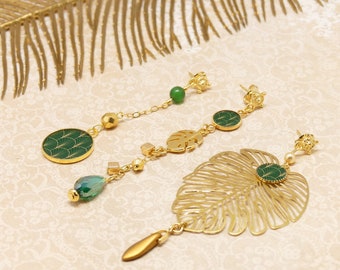 Pendientes trío de perlas resina latón dorado hoja de monstera verde para mujer modelo filodendro asimétrico hecho a mano