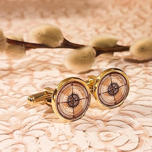 Brass & Stainless Steel Compass Cufflinks, Resin, Vintage 20s Style, Elegant Men's Suit