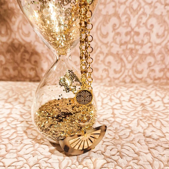 Collier Sautoir De Soirée - Perles Grises Et Dorées En Résine Et Bois - Neuf Sans Emballage
