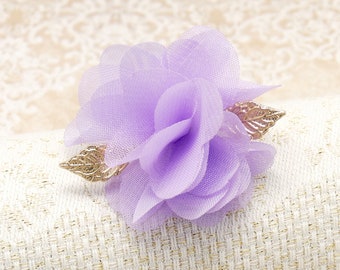 Bague réglable laiton doré mauve mousseline de soie fleur feuille pour femme fait main