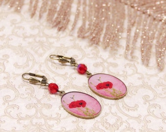 Boucles résine perle laiton bronze fleur coquelicot arbre de vie rouge rose noir beige pour femme fait main