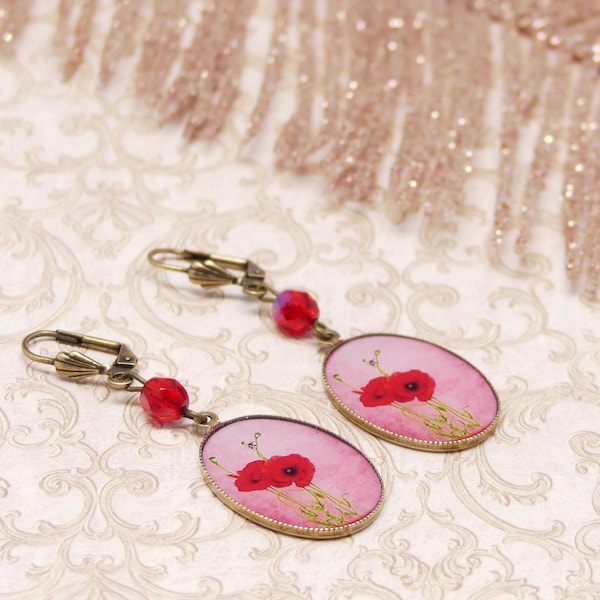 Boucles résine perle laiton bronze fleur coquelicot arbre de vie rouge rose noir beige pour femme fait main