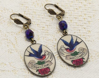 Resin earrings brass bronze glass beads for women pattern of your choice bird flowers cat sun ladybug retro vintage