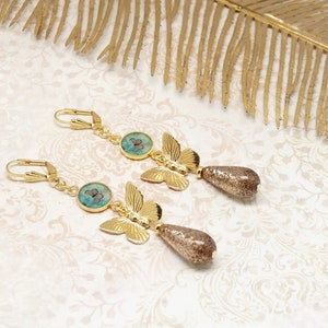 24k gold plated brass resin pearl green butterfly earrings for women gift for young mother handmade drop