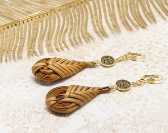 Earrings wood resin brass golden black red turquoise for woman leaf ginkgo tree Japan palm tree handmade