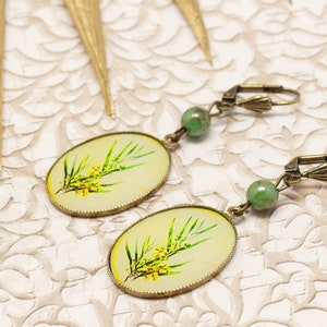 Handmade resin pearl brass bronze green yellow mimosa flower earrings for women